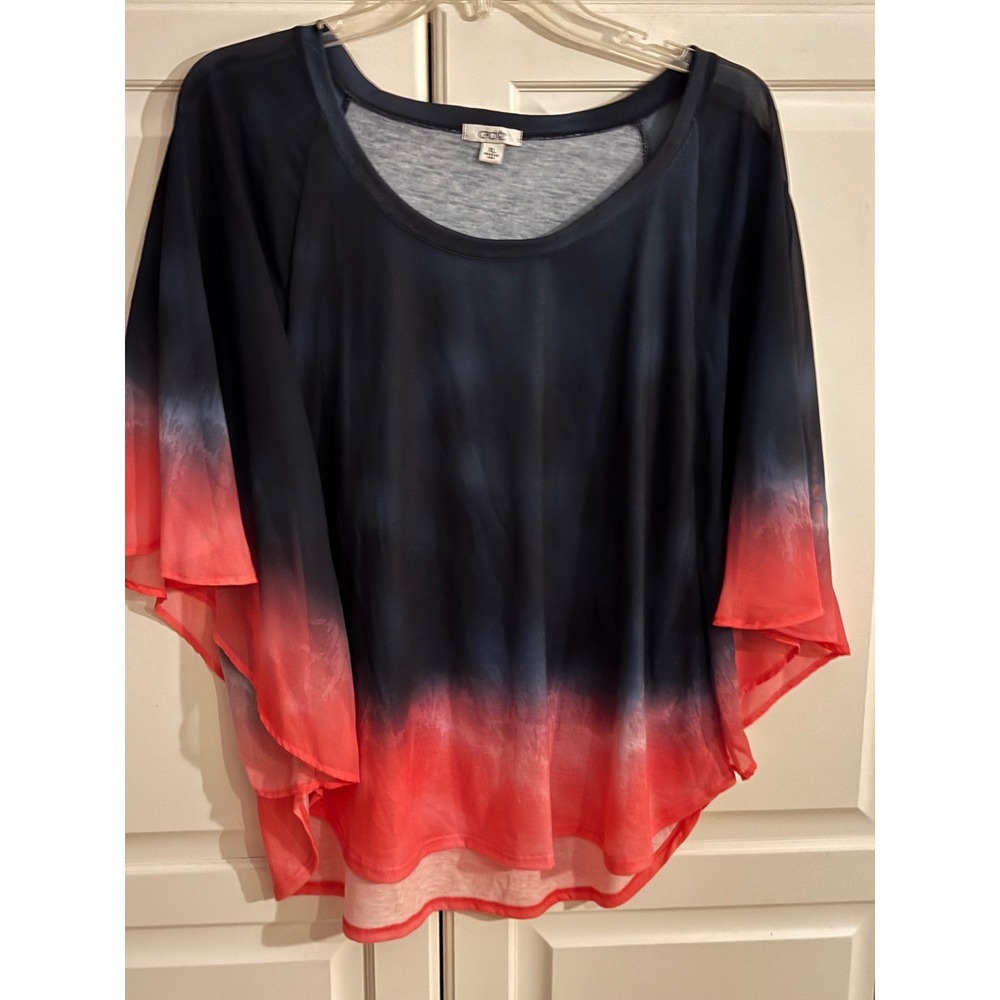Cache Ombre Butterfly Sleeve Blouse Navy Blue Coral Pink XL Scoop Neck Top